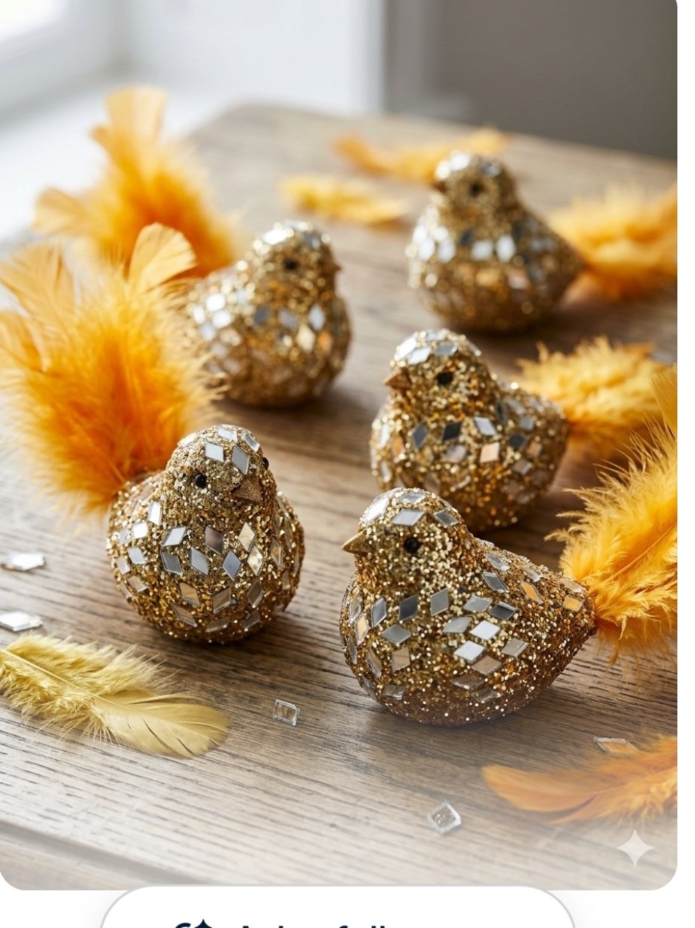 SET OF 6 Christmas Holiday Gold Glitter bird Ornaments with Feathers